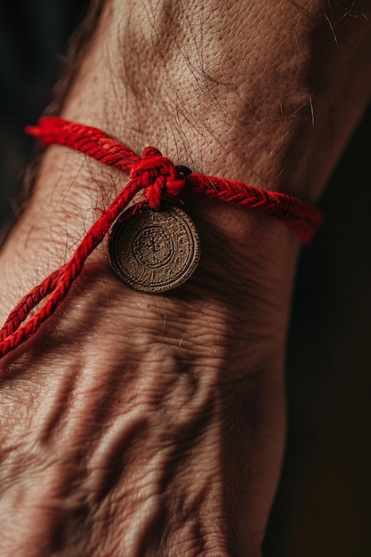 een close-up van een Martisor vastgebonden aan een pols