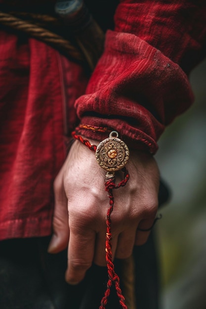 een close-up van een Martisor vastgebonden aan een pols