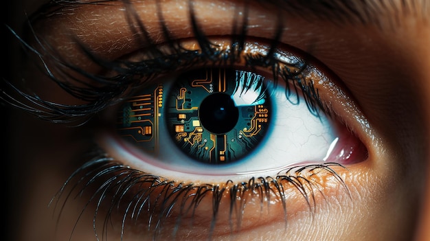 een close-up van een menselijk oog met een blauw oog en een printplaat in het midden.