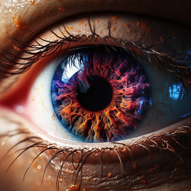 een close-up van een menselijk oog met een blauw oog en een rode en oranje vlek