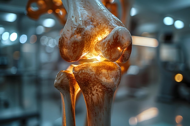 Een close-up van een menselijke knie met verlicht licht