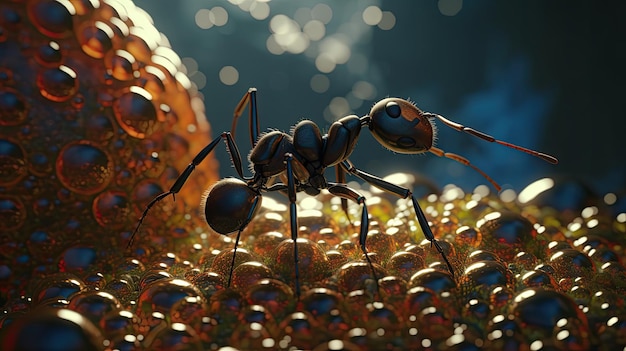 Een close-up van een mier met een honingraat op de achtergrond