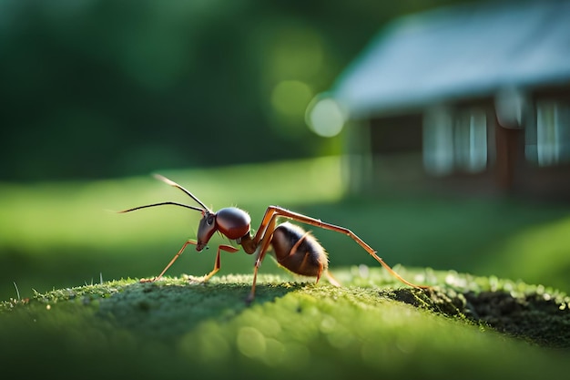 Een close-up van een mier op een groen oppervlak