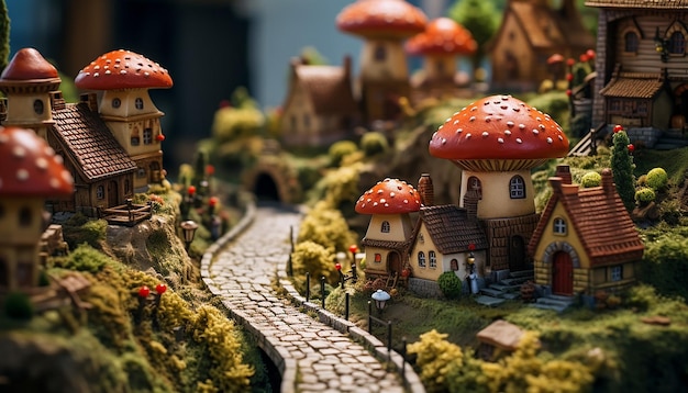 een close-up van een miniatuur dorp op het oppervlak van een paddenstoel