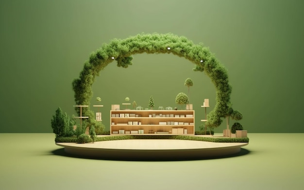 Een close-up van een model van een gebouw met een groene boog generatieve ai