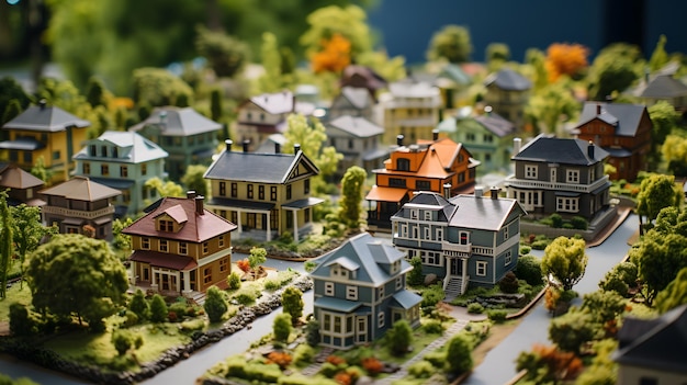 een close-up van een model van een stad met veel huizen Generatieve AI