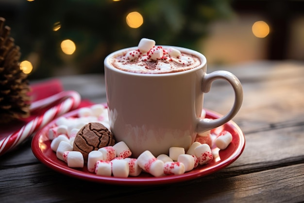 Een close-up van een mok warme chocolademelk met marshmallows en een zuurstok