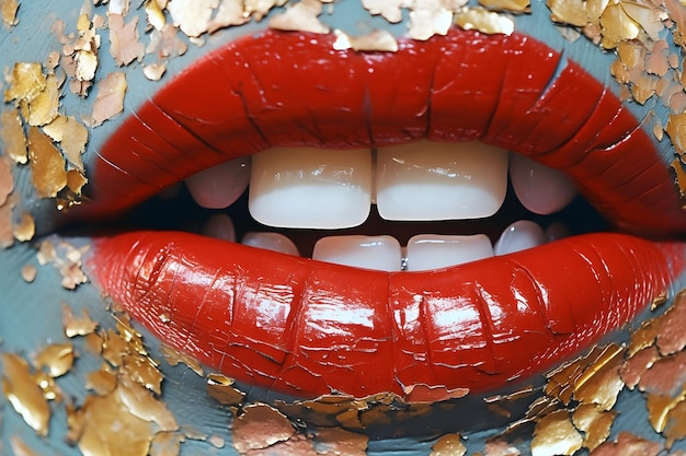 Een close-up van een mond met rode lippenstift en een gouden glinsterende textuur.