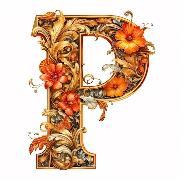 een close-up van een mooie letter p met bloemen en bladeren generatieve ai