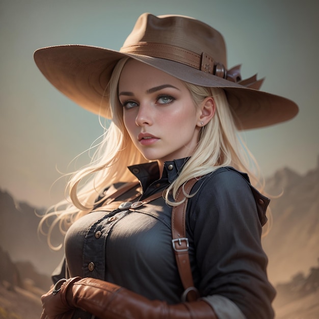 Een close-up van een mooie vrouw met een hoed en een zwart shirt Red Dead Redemption art style