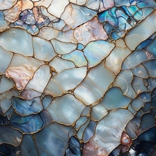 Een close-up van een mozaïek van blauwe en roze schelpen generatieve ai