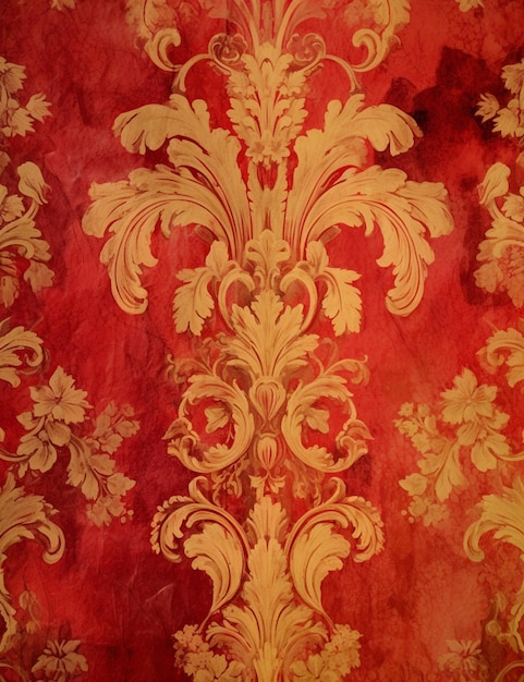 Een close-up van een muur met een rood en goud patroon generatieve ai