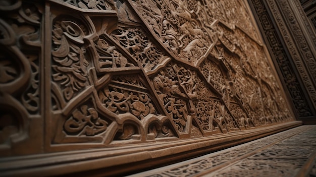Een close-up van een muur met een uitgesneden patroon en het woord alhambra erop