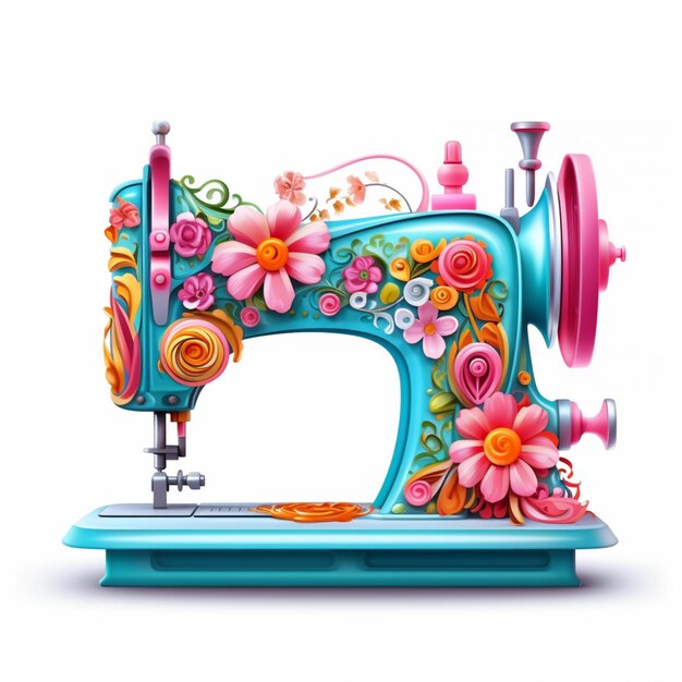 een close-up van een naaimachine met bloemen erop generatieve ai