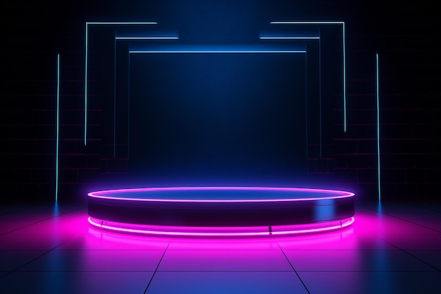een close-up van een neon verlicht podium met een cirkelvormige lichtgenerator ai