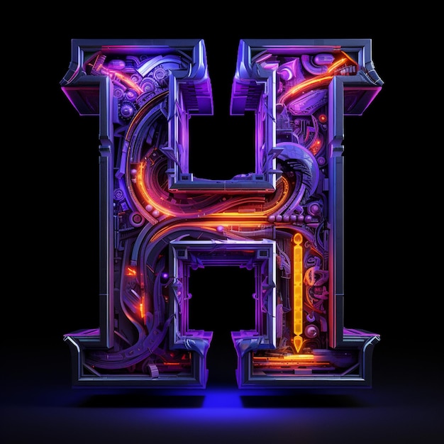 Een close-up van een neon verlichte letter h met leidingen en leidingen generatieve ai