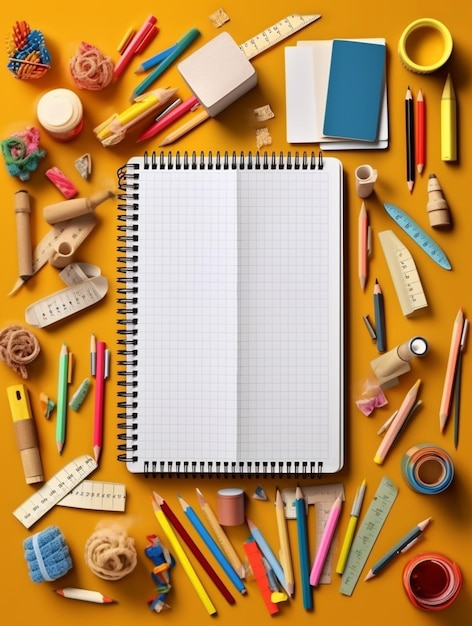 een close-up van een notebook omringd door schoolbenodigdheden op een gele achtergrond generatieve ai