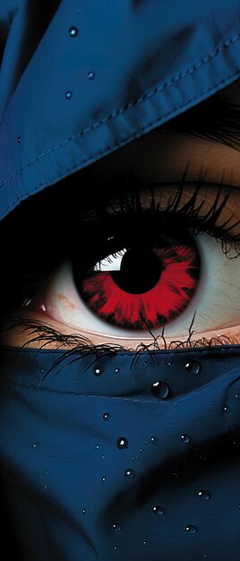 een close-up van een oog met een rood oog en een blauwe band rond het oog