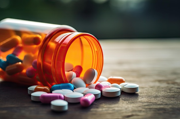 Foto een close-up van een open receptfles met verschillende pillen die eruit stromen