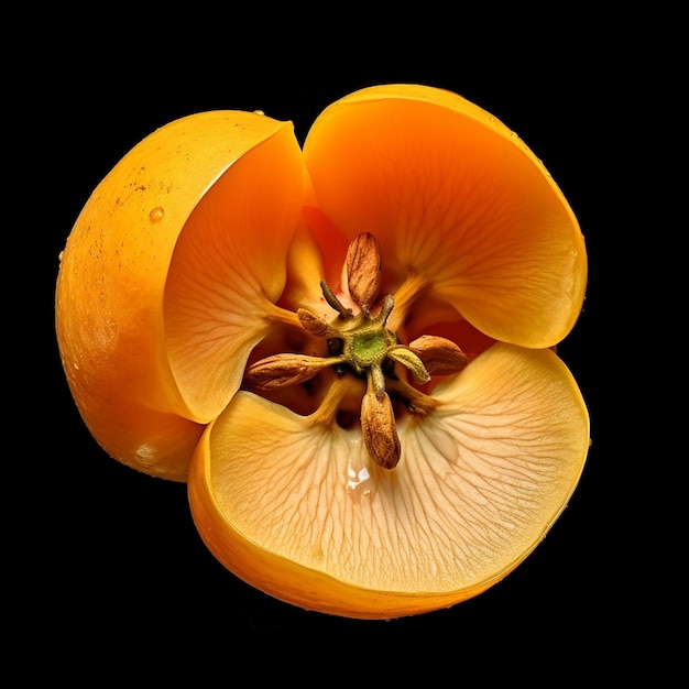 Een close-up van een oranje vrucht met de bloemknoppen in het midden.