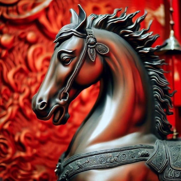 een close-up van een paard standbeeld met rode achtergrond