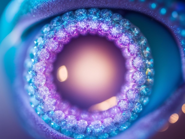 Foto een close-up van een paars en blauw oog met diamanten eromheen.