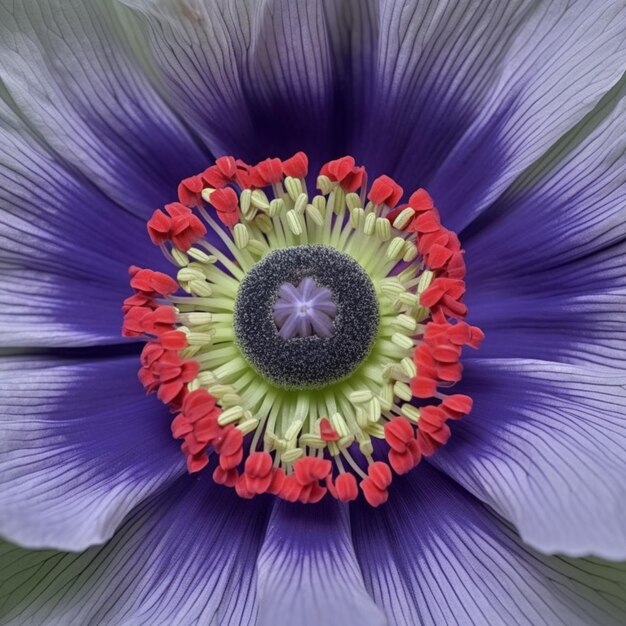 Foto een close-up van een paarse bloem met rode en gele stammen generatieve ai