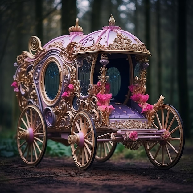 een close-up van een paarse en gouden wagen met roze bogen generatieve ai