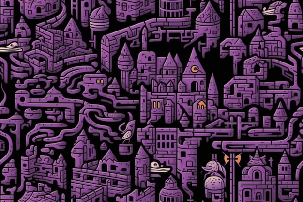 een close-up van een paarse en zwarte achtergrond met een kasteel generatieve ai