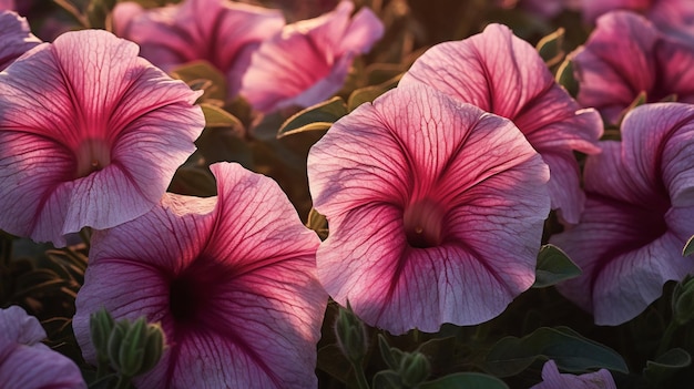 Een close up van een paarse petunia plant waar de zon op schijnt.