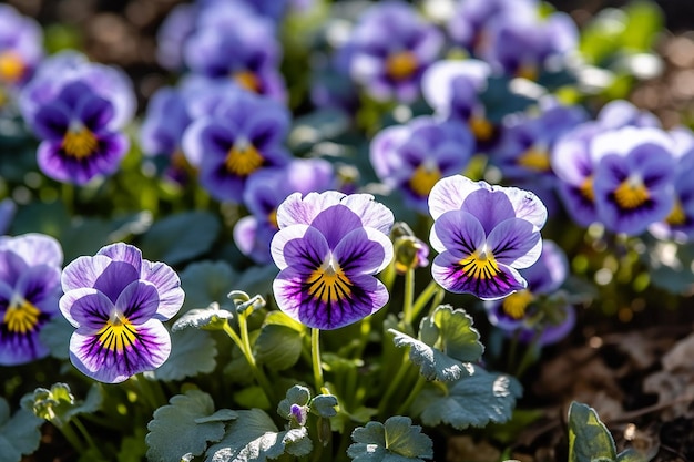 Een close-up van een paarse viooltjes met gele en paarse bloemblaadjes