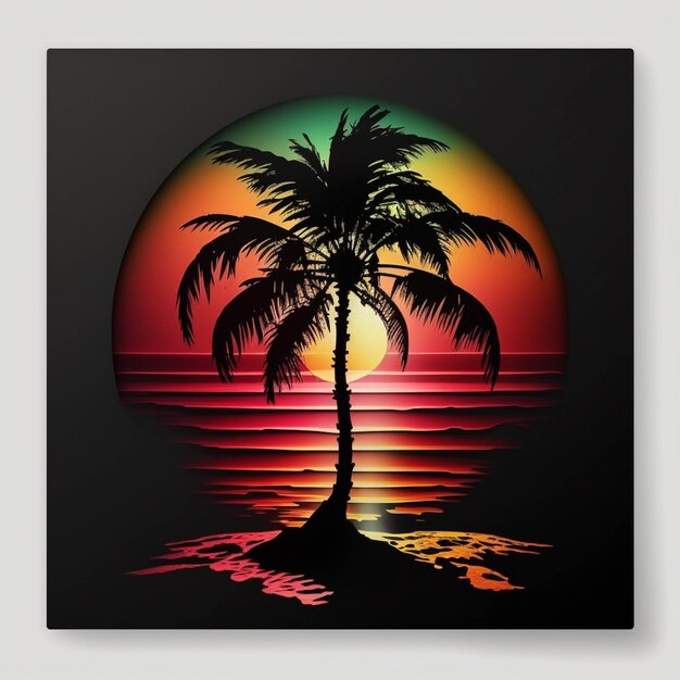 Een close-up van een palmboom op een strand met een zonsondergang op de achtergrond generatieve ai