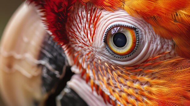 Een close-up van een papegaai oog Het oog is een diepe oranje kleur met een zwarte pupil en een gele iris