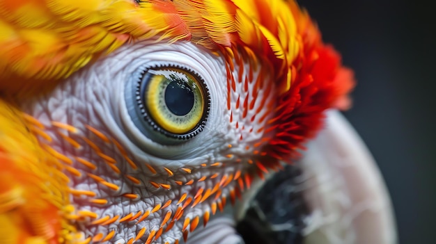 Een close-up van een papegaai oog Het oog is een felgele kleur met een zwarte pupil De veren rond het oog zijn een fel oranje kleur