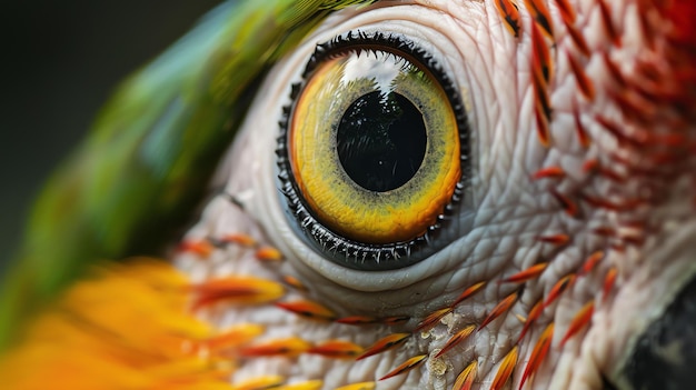 Een close-up van een papegaai oog Het oog is een felgele kleur met een zwarte pupil De veren rond het oog zijn een fel oranje kleur