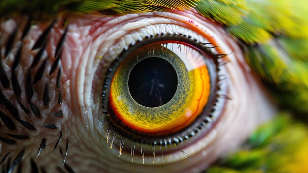 Een close-up van een papegaai oog Het oog is een felgele kleur met een zwarte pupil De veren rond het oog zijn een felgroene kleur