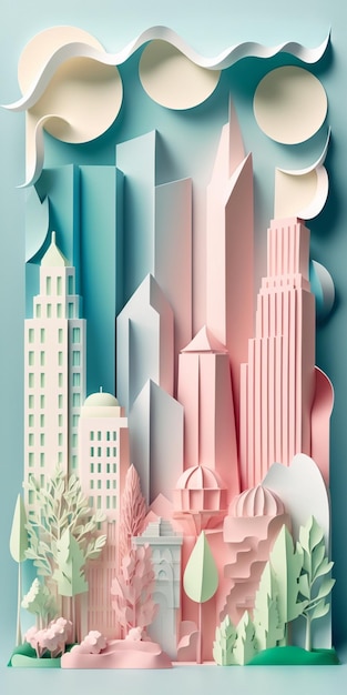 Een close-up van een papiercut van een stad met bomen generatieve ai
