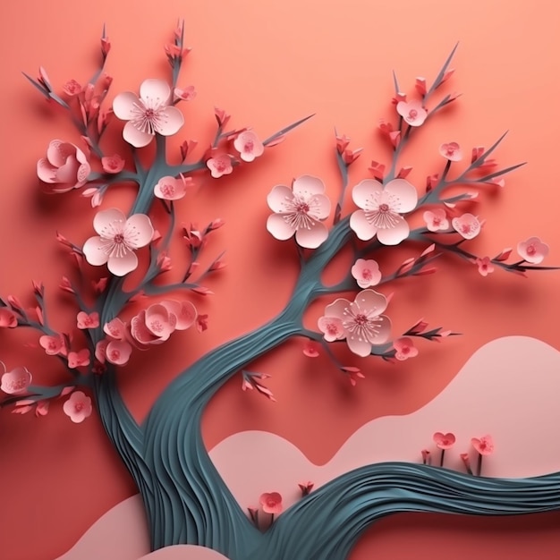 een close-up van een papiersnede van een boom met bloemen generatieve ai
