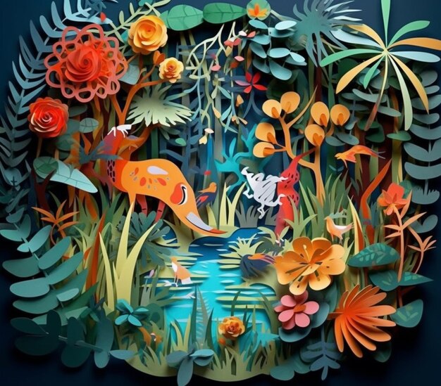 een close-up van een papiersnede van een jungle met bloemen en planten generatieve ai