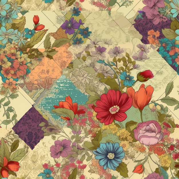 een close-up van een patchwork achtergrond met bloemen en bladeren generatieve ai