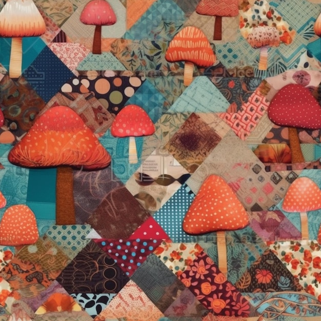 Een close-up van een patchwork muur met een heleboel verschillende gekleurde paddenstoelen generatieve ai