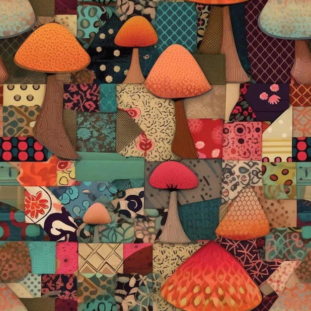 Een close-up van een patchwork muur met een heleboel verschillende gekleurde paddenstoelen generatieve ai