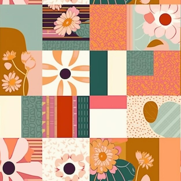 een close-up van een patchwork patroon met bloemen en strepen generatieve ai