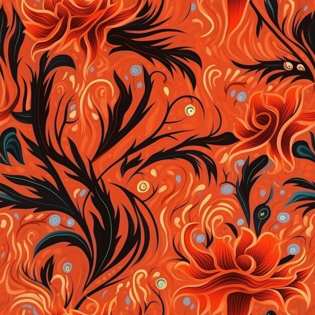 een close-up van een patroon van bloemen op een oranje achtergrond generatieve ai