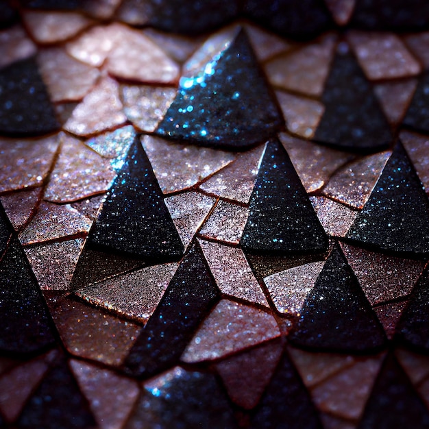 Een close-up van een patroon van driehoeken met blauwe en roze glitter erop