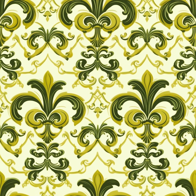 een close-up van een patroon van groene en gele bloemen generatieve ai