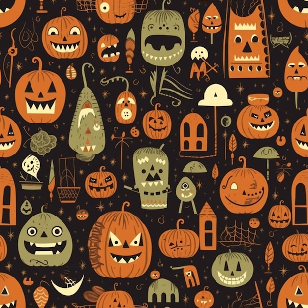 Een close-up van een patroon van halloween-pompoenen en andere decoraties generatieve ai