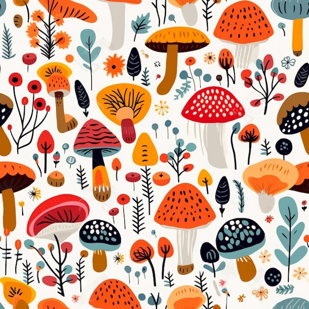 Een close-up van een patroon van paddenstoelen en bladeren generatieve ai