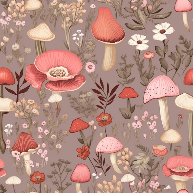 Een close-up van een patroon van paddenstoelen en bloemen op een grijze achtergrond generatieve ai