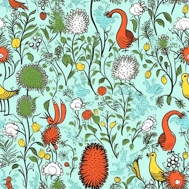 Een close up van een patroon van vogels en bloemen op een blauwe achtergrond generatieve ai